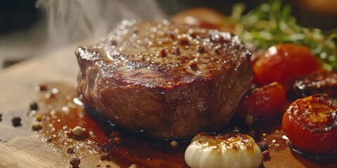 Poster - Steak on cutting board with tomatoes and garlic