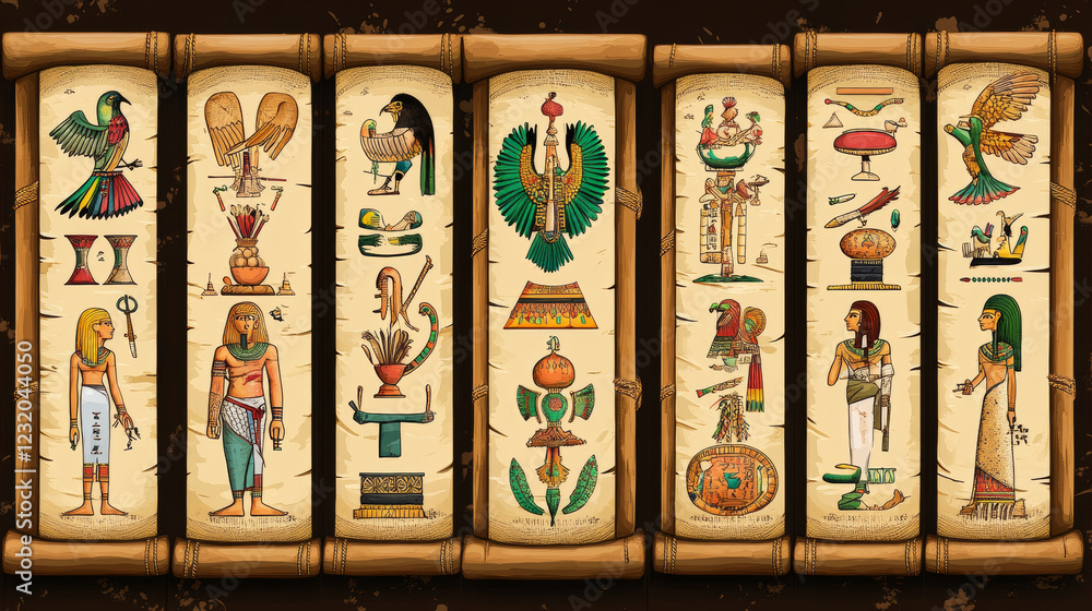 Ancient Egypt papyrus scroll cartoon vector collection with hieroglyphs ...
