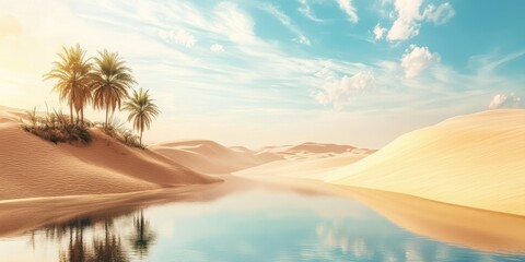 Wall Mural - Breathtaking desert landscape with palm trees and a serene water reflection under a blue sky.