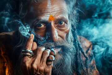 Wall Mural - Naga sadhu smoking chillum during kumbh mela festival