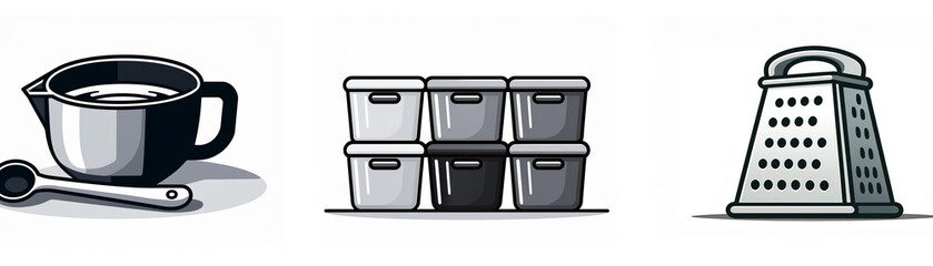 Poster - A set of kitchen utensil icons: a mixing bowl, a spoon, storage containers, and a grater.