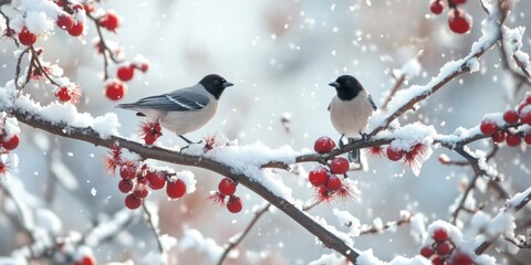 Wall Mural - birds on snowy tree