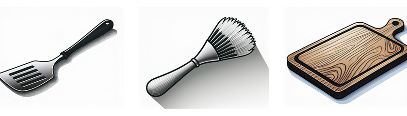 Poster - A set of three kitchen utensil icons: slotted spatula, pastry brush, and wooden cutting board.  Simple, clean design.