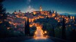© Biancaart - Nighttime View of a Hilltop Town Under a Starry Sky