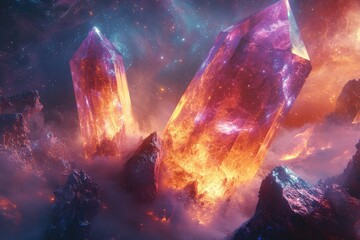 giant floating crystals reflecting the colors of a distant nebula in a cosmic, dreamlike environment