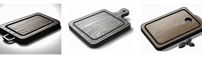 Poster - Three different wood cutting boards shown as icons;  rectangular shapes, various colors and styles. Kitchen utensils.
