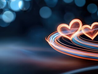 Wall Mural - brightly styled heart shapes in a soft blue bokeh background with dynamic light trails and colorful 