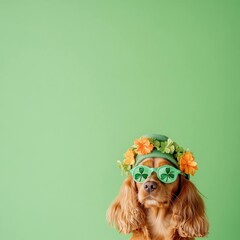 Wall Mural - A playful brown dog wearing festive green sunglasses and a flower crown, celebrating St Patrick s Day against a vibrant green background