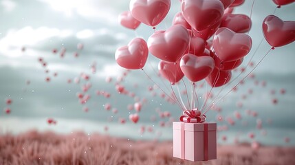 Poster - Love concept. 3D heart shaped balloons flying with gift boxes on a pink background for Valentine's Day.