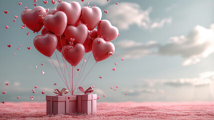 Poster - Love concept. 3D heart shaped balloons flying with gift boxes on a pink background for Valentine's Day.