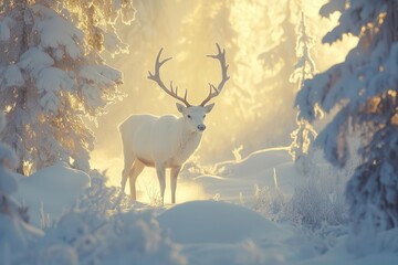 Wall Mural - enchanted winter forest at dawn, majestic white stag emerging from morning mist, snow-laden pine trees, soft golden light filtering through frost-covered branches