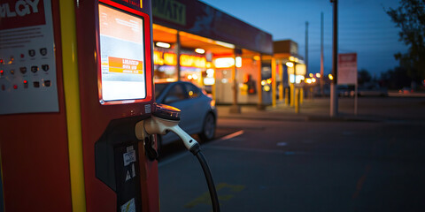 Nighttime Electric Vehicle Charging Station with Attached Cable