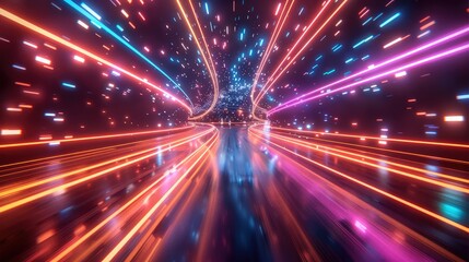 Aufkleber - A high-speed digital highway with glowing gridlines, where energy streaks and pulsing lights.