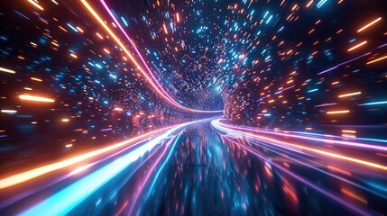 Aufkleber - A high-speed digital highway with glowing gridlines, where energy streaks and pulsing lights.