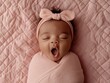 © Elisa - Adorable Baby Girl Yawning, Posing on a Pink Quilt