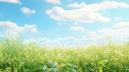 Lush green field with small white flowers under a bright blue sky with scattered clouds