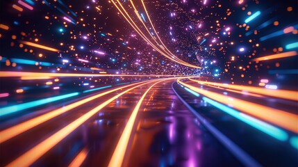 Aufkleber - A high-speed digital highway with glowing gridlines, where energy streaks and pulsing lights.