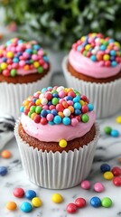 Wall Mural - Cupcakes with pink frosting and colorful candy balls on top.