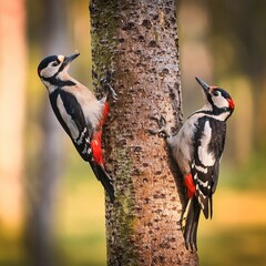 Wall Mural - two common woodpeckers, AI generated