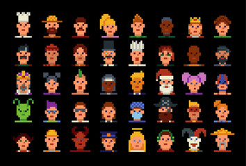 Pixel avatars characters set of the 8-bit avatar, funny faces in 80-s, NFT. Cartoon vector icon, game user, web profile persons, people, social net portraits