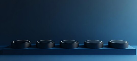 Poster - Five black cylindrical podiums on a blue platform against a dark blue background.