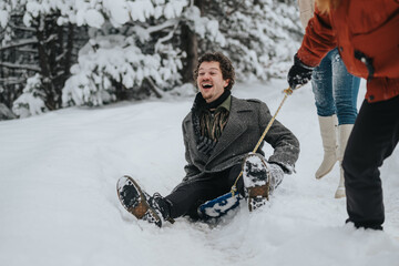 Poster - A cheerful man is sledding on a snowy path surrounded by friends, creating a scene filled with winter fun and joy in a snow-covered forest.