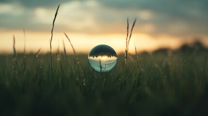 Wall Mural - Sunset reflected in a glass ball in a field.