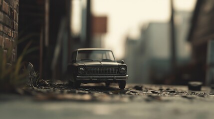 Vintage toy car on urban street, shallow depth of field.