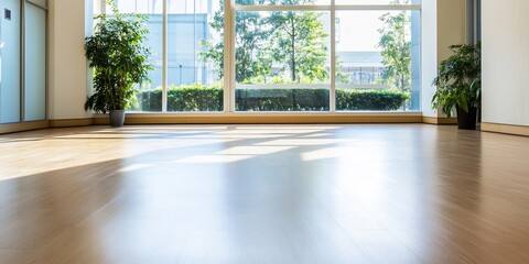 Poster - Sunny room, hardwood floor, plants, city view