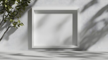 Fototapete - Minimal abstract white frame with natural shadow and green leaves on the floor  Peaceful serene and contemporary interior design concept  Clean and simple 3D render or studio mockup