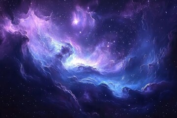 Wall Mural - ethereal cosmic nebula swirling with bioluminescent blues and purples, featuring spiral arms of stardust, distant galaxies, and shimmering celestial bodies in deep space