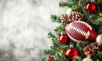 Wall Mural - Football ornament on Christmas tree with red baubles and pine cones, festive holiday decoration