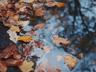 Poster - Puddle with floating leaves