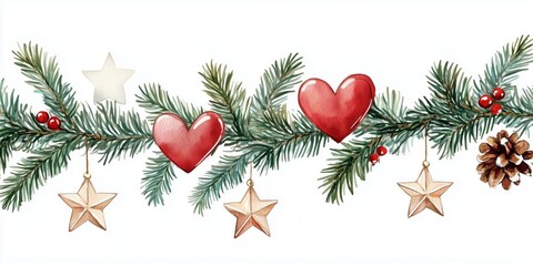 Wall Mural - Christmas garland featuring pine branches, red hearts, wooden stars, and pine cones, perfect for festive decorations