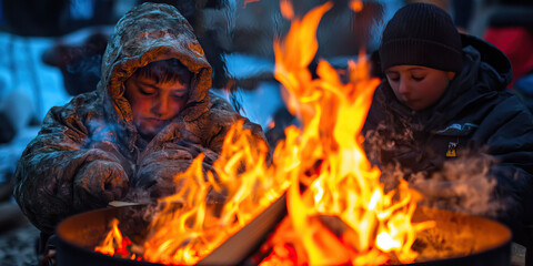 Wall Mural - Children Warming Themselves by a Bonfire