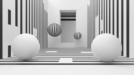 Wall Mural - Abstract 3D rendering of a minimalist white corridor with black striped walls and three floating spheres, creating a surreal and geometric