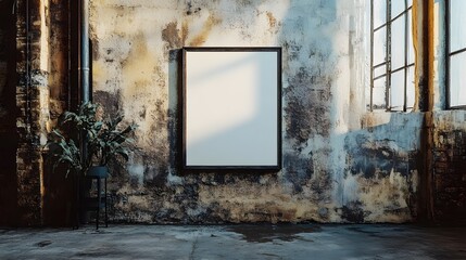 Poster - Moody and atmospheric vintage grunge interior with a worn weathered brick wall and a distressed metal frame  The dramatic lighting creates a gloomy industrial ambiance highlighting the raw
