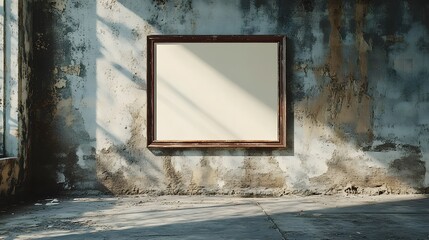 Poster - Moody interior with an empty vintage wooden frame hanging on a grungy distressed concrete wall with peeling paint and textural details  The natural light creates dramatic shadows