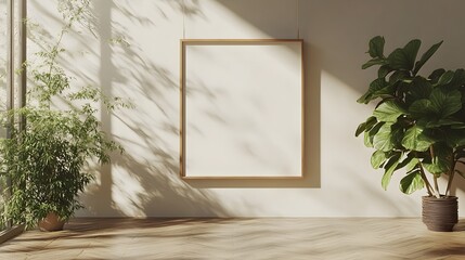 Poster - Peaceful and serene minimalist interior design with potted plant and natural sunlight streaming through the window