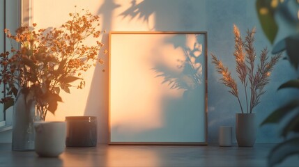 Aufkleber - Peaceful and inviting living room with natural light streaming in through the window casting soft shadows on the walls  A minimalist decor featuring potted plants a framed artwork