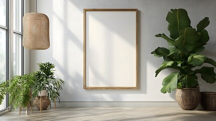 Poster - Peaceful and Tranquil Indoor Plant Decor with Natural Lighting in Minimalist Home or Office Setting  Cozy and Inviting Atmosphere with Potted Houseplants Leaves and Minimalist Furniture Arrangement