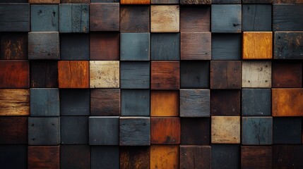Leinwandbilder - Rustic Aged Wooden Abstract Textured Background with Vintage Mosaic Grid Patterns in Warm Brown and Orange Tones  Grunge Distressed Surface with Geometric Design Elements