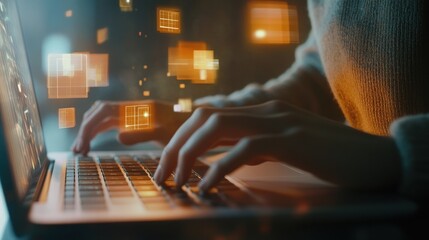 Wall Mural - typing on a laptop with orange lights