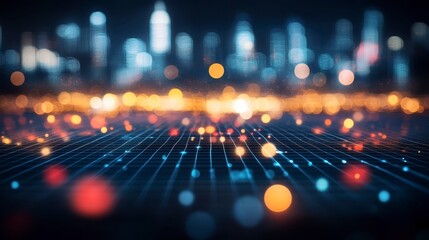 Canvas Print - Abstract cityscape at night with glowing lights and grid pattern. Warm and cool colors blend in a futuristic, digital landscape. Bokeh effect on city