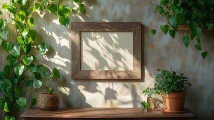 Aufkleber - Rustic wooden frame hanging on a wall surrounded by lush green leaves and plants in cozy home interior setting  Natural lighting casts soft shadows creating a peaceful and serene atmosphere  Minimal