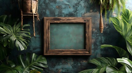 Aufkleber - Rustic wooden frame in a backdrop of lush tropical foliage and greenery  This natural organic setting provides a serene and creative environment for product display mockups presentations