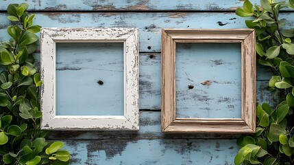 Aufkleber - Rustic wooden photo frames with green leaves on a weathered distressed wooden wall background  Minimal simple and clean design concept with empty copy space for text or message