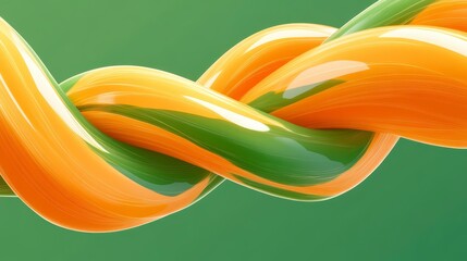 Wall Mural - Abstract image of intertwined orange and green glossy shapes against a muted green background. The forms are smooth and reflective, creating a sense