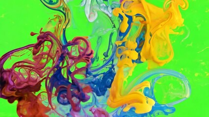 Wall Mural - chromatic chaos: an explosion of vibrant, multicolored inks swirls and dances against a bright green