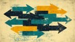 © A4719 - Abstract illustration featuring multiple overlapping arrows in teal, dark blue, and gold hues on a textured beige background. The arrows point in